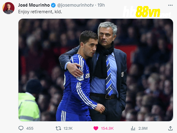 HLV Mourinho chia sẻ lên trang cá nhân, sau khi biết tin Hazard giải nghệ. Ảnh chụp màn hình