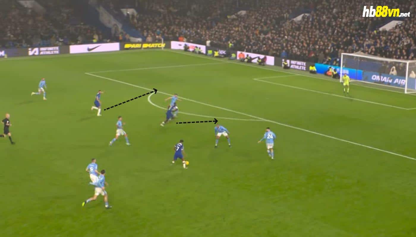 Tình huống tấn công dẫn tới quả phạt đền mà Chelsea tận dụng thành công, gỡ hòa 4-4 ở phút bù thứ năm hiệp hai. Ảnh chụp màn hình