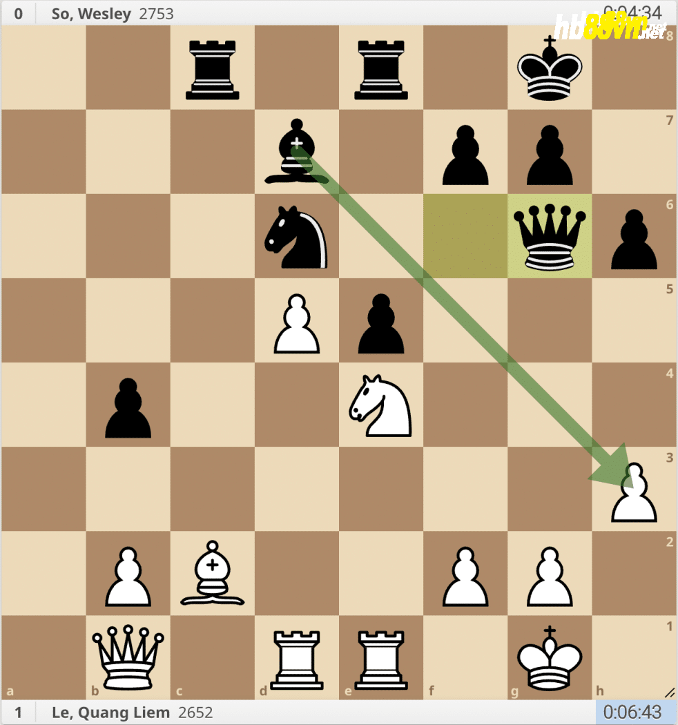 Thế cờ sau 32...Qg6. Wesley So đi nước cờ mạo hiểm trong thế cờ cân bằng, đưa hậu vào đường chéo b1-h7 mà Trắng đang quản lý.